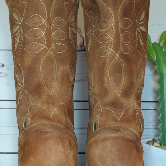 Vintage Acme Cowboy Cowgirl Boots 70's Women's 9.5 Suede Inlay Cutouts Butterfly - Picture 12 of 16